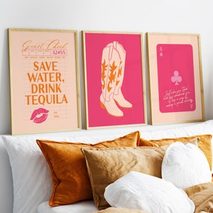Arte de parede da moda, impressão de carta de baralho da sorte, pôster de cheque de convidado de tequila, carrinho de bar de apartamento estético feminino e descolado, conjunto de 3 downloads digitais