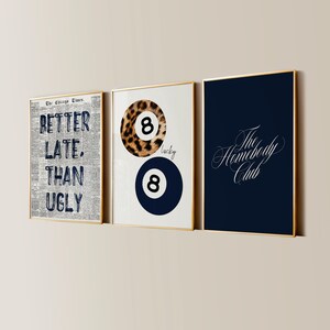 Retro 8 Ball Lucky Girl Poster, Cheetah Navy Blue Aesthetic, Trendy Apartment Decor, Y2K Chic Living Room Gallery Wall Art Set of 8 Prints