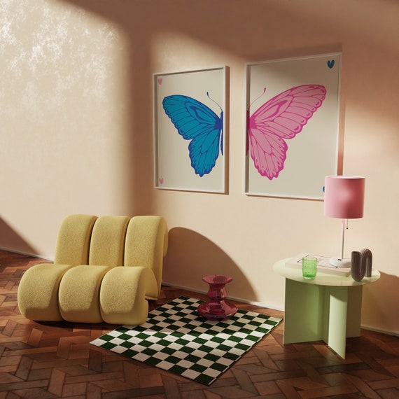 Pink Blue Split Butterfly Wall Art Set, Preppy Y2k Room Decor for