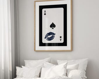 Retro Ace of Spades Print, Navy Kiss Card Wall Art (digital