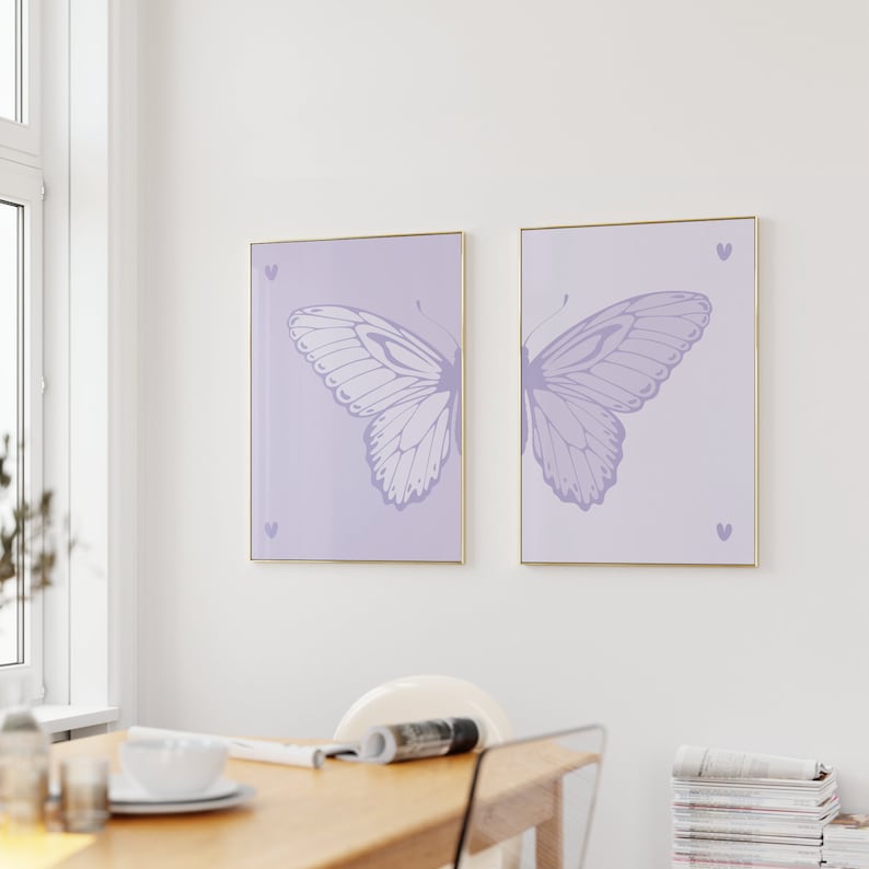 Split Butterfly Print, College Apartment Decor, Retro Y2K Dorm Room Posters, Trendy Wall Art, Purple Coquette Girly Preppy Aesthetic