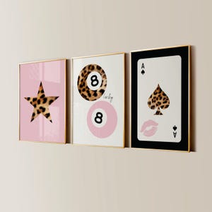 8 Ball Leopard Print, Ace Of Spades Kiss Print, Retro Lucky Girl Poster, Funky Y2K Star Apartment Decor, Girly Pink Bedroom Trendy Wall Art