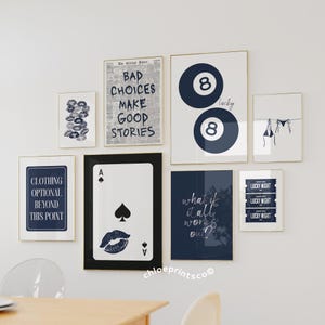 Retro 8 Ball Lucky Girl Poster, Leopard Navy Blue Aesthetic, Trendy Apartment Decor, Funky Y2K Living Room Gallery Wall Art Set of 8 Prints