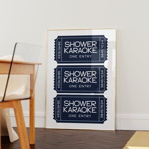 Shower Karaoke Ticket Print, Funny Bathroom Decor, Trendy Wall Art, Girly Preppy Aesthetic, Shower Singing Poster, Navy Retro Coastal Home