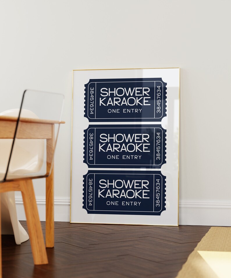 Shower Karaoke Ticket Print, Funny Bathroom Decor, Trendy Wall Art, Girly Preppy Aesthetic, Shower Singing Poster, Navy Retro Coastal Home
