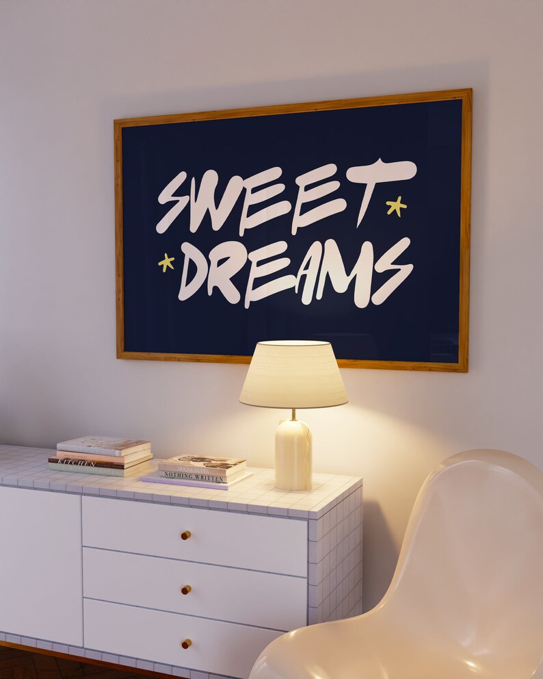 Sweet Dreams Print, Funny Apartment Poster, Y2K Navy Blue Bedroom Decor