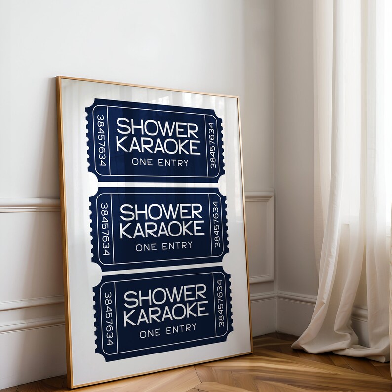 Shower Karaoke Ticket Print, Funny Bathroom Decor, Trendy Wall Art, Girly Preppy Aesthetic, Shower Singing Poster, Navy Retro Coastal Home