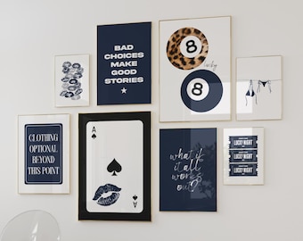Retro 8 Ball Lucky Girl Poster, Leopard Navy Blue Aesthetic, Trendy Apartment Decor, Funky Y2K Living Room Gallery Wall Art Set of 8 Prints