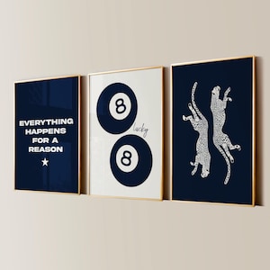 Navy 8 Ball Lucky Girl Cheetah Poster estetici, arredamento alla moda per appartamenti, arte murale per soggiorno chic, set di 3 stampe per camera da letto