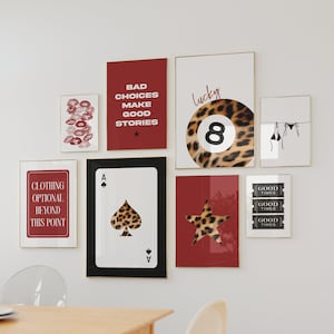 Retro 8 Ball Lucky Girl Poster, Leopard Kirschrot Ästhetik, trendige Wohnung Dekor, Funky Y2K Wohnzimmer Galerie Wandkunst Set mit 8 Drucken