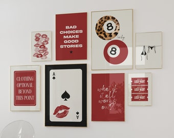 Retro 8 Ball Lucky Girl Poster, Leopard Cherry Red Aesthetic, Trendy Apartment Decor, Funky Y2K Living Room Gallery Wall Art Set of 8 Prints