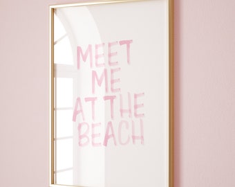 Meet me at the beach guest check print trendy coastal wall art pink watercolor poster beach house decor ocean wall art surf aesthetic decor