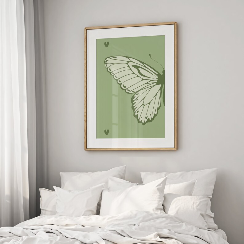 Split Butterfly Print, College Apartment Decor, Retro Y2K Dorm Room Posters, Trendy Wall Art, Sage Green Girly Preppy Aesthetic