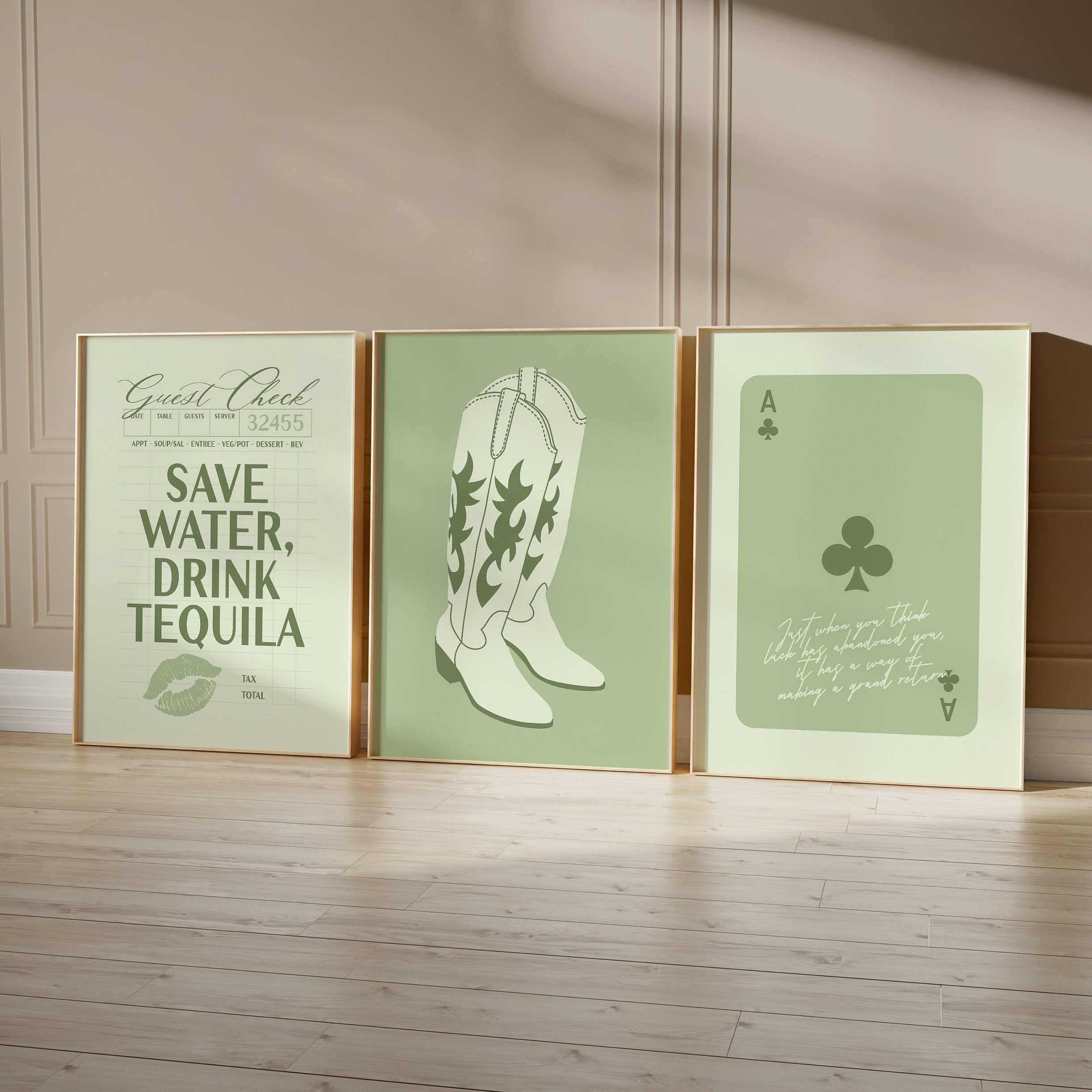 Western Decor, Green Guest Check Bar Cart Poster, Aesthetic Apartment Art, Girly Lucky Girl Prints, Tequila Print, Cowgirl Boots Poster Set