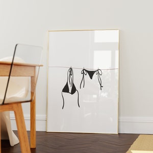 Bikini On Clothesline Print, College Apartment Decor, Coastal Beachy Dorm Room Posters, Trendy Beach House Wall Art, Girly Preppy Aesthetic
