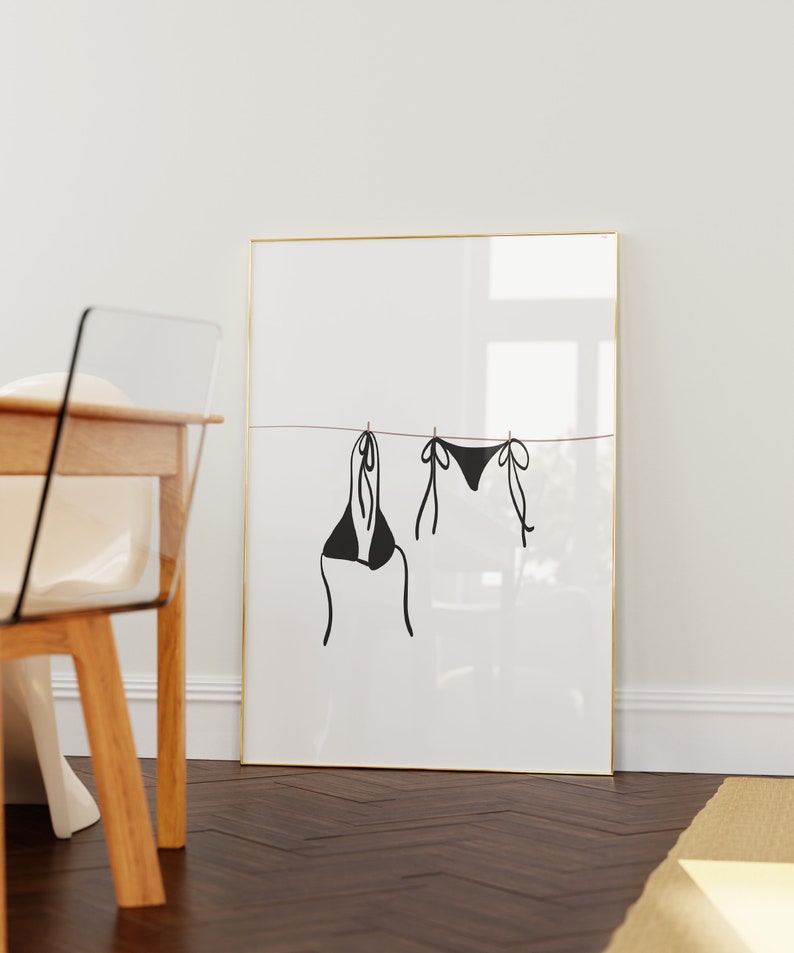 Bikini On Clothesline Print, College Apartment Decor, Coastal Beachy Dorm Room Posters, Trendy Beach House Wall Art, Girly Preppy Aesthetic