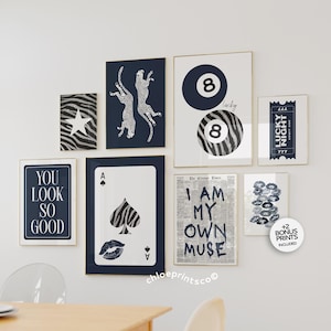 Retro 8 Ball Lucky Girl Poster, Cheetah Navy Blue Aesthetic, Trendy Apartment Decor, Funky Y2K Living Room Gallery Wall Art Set of 8 Prints