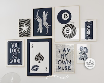 Y2K Navy Cheetah Print Set, Retro Gallery Wall Art (Digital Download)