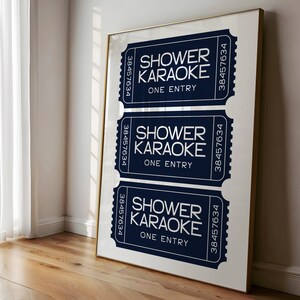 Shower Karaoke Ticket Print, Funny Bathroom Decor, Trendy Wall Art, Girly Preppy Aesthetic, Shower Singing Poster, Navy Retro Coastal Home