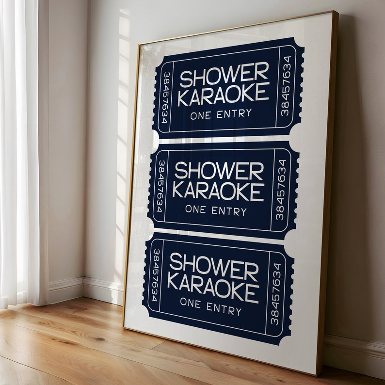 Shower Karaoke Ticket Print, Funny Bathroom Decor, Trendy Wall Art, Girly Preppy Aesthetic, Shower Singing Poster, Navy Retro Coastal Home