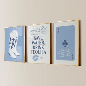 Coastal Western Print Set of 3, College Apartment Decor, Dorm Room Posters, Trendy Wall Art, Retro Girly Preppy Light Blue Aesthetic