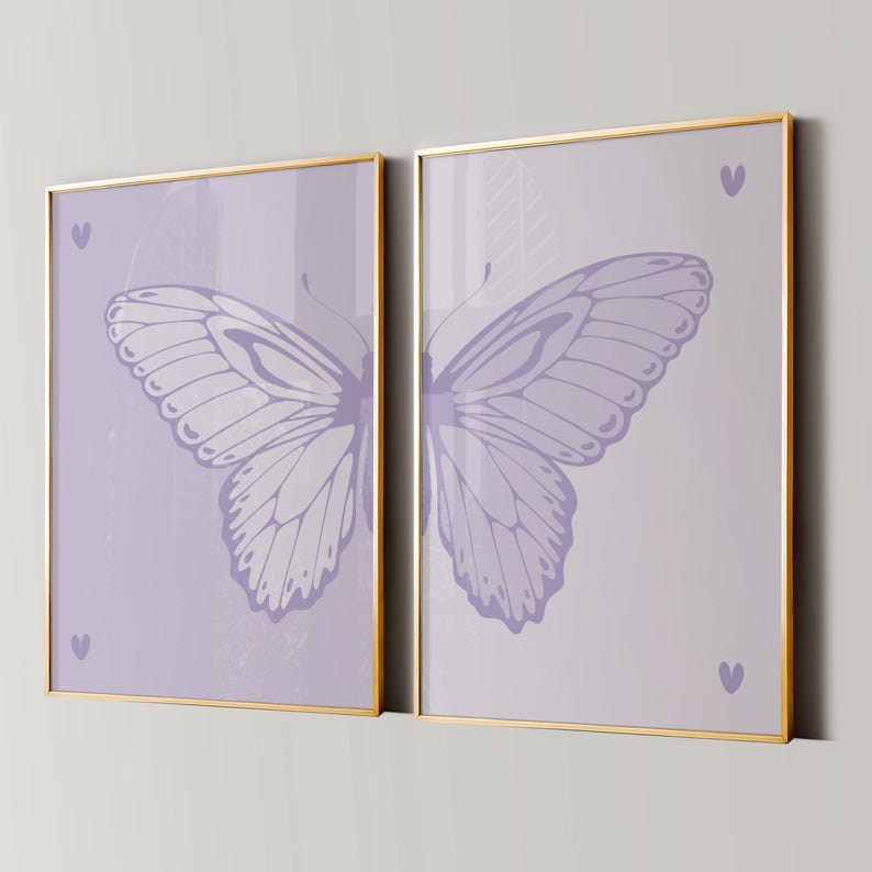 Split Butterfly Print, College Apartment Decor, Retro Y2K Dorm Room Posters, Trendy Wall Art, Purple Coquette Girly Preppy Aesthetic