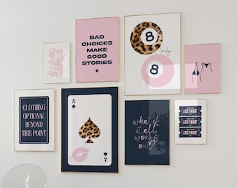 Póster de chica afortunada con bola 8 en rosa y azul marino con estampado de arte de pared Y2K, estética de leopardo, decoración de apartamentos de moda, juego de arte de pared de galería de sala de estar