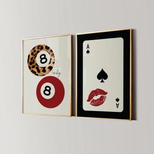 8 Ball Leopardenmuster, Pik As Kuss Druck, Retro Lucky Girl Poster, Funky Y2K Wohnung Dekor, Kirschrot Aquarell Schlafzimmer Wandkunst