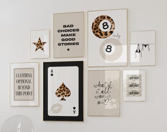 Retro 8 Ball Lucky Girl Poster, Leopard Neutral Aesthetic, Trendy Apartment Decor, Funky Y2K Living Room Gallery Wall Art Set of 8 Prints