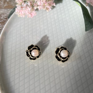 001 | Enamel Camellia Pearl Earrings | Floral Stud Earrings | Vintage Style | Pearl Jewelry | Valentine&#39;s Day | Anniversary |