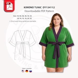 Plus Size Kimono Tunic PDF Sewing Pattern | 2 Lengths | Sizes 44–52 | Beginner Friendly | Instant Download | curve DIY | Wrap Blouse PDF