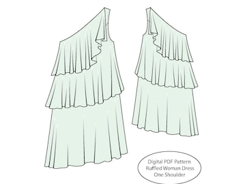 Minimal One-shoulder ruffled mini dress pattern | easy sewing pattern | pdf sewing pattern | simple dress sewing patterns beachwear