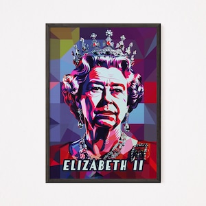 Elizabeth II art-decoportret |  Iconische monarch |  Muurkunst | Woondecoraties | Digitale download | Geschiedenisposter | Geschiedenispictogram | Geschiedenis afdrukken