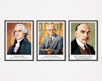 Iconic Economic Icons: Adam Smith, Keynes, Friedman - Art Deco Digital Prints - Instant Download - Wall Art Decor - Economist Portraits