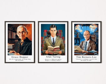 Computer Science Pioneers: Grace Hopper, Alan Turing, Tim Berners-Lee - Digital Illustration Posters for Enthusiasts - Instant Download
