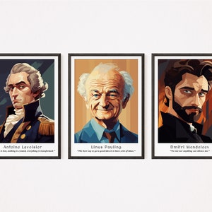 Chemistry Legends: Digital Prints of Lavoisier, Mendeleev, and Pauling with Quotes, Scientific Wall Art, Chemistry Artwork, Instant Download