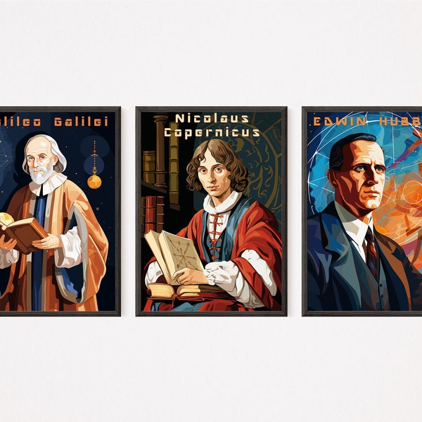 Stunning Astronomers Trio: Galileo, Copernicus, Hubble - Digital Illustration Posters for Cosmic Admirers. Astronomy Art for Home Decor.