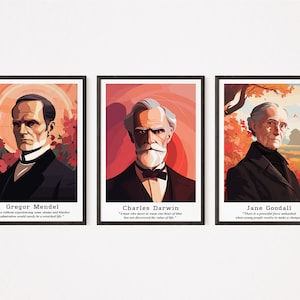 Legends of Biology: Charles Darwin, Gregor Mendel & Jane Goodell - Digital Illustration Prints for Class Decor - Instant Download
