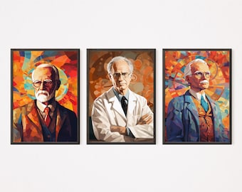 Art Deco Psychologists Digital Prints: B.F. Skinner, Carl Gustav Jung, Sigmund Freud - Psychology Art for Home Decor - Printable Download