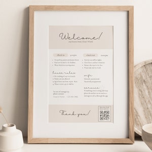 Plantilla de signo de bienvenida de Airbnb geométrico neutro / Signo de reglas de la casa / Señalización WiFi / Instrucciones de entrada y salida / Varios tamaños