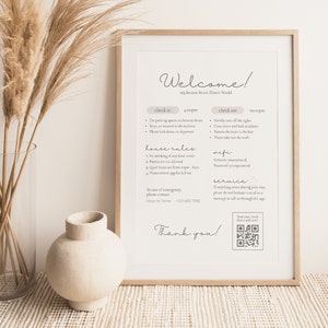 Plantilla de signo de bienvenida de Airbnb / Signo de reglas de la casa / Generador de códigos QR / Señalización WiFi / Instrucciones de entrada y salida / Varios tamaños / Imprimible