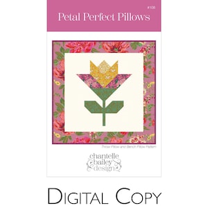 Puede incluir: Una copia digital de un patrón de cojín titulado "Petal Perfect Pillows". El diseño presenta una flor geométrica con elementos amarillos, rosas y verdes. El patrón está rodeado por un borde floral e incluye el nombre del diseñador.