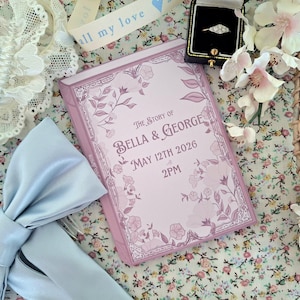 Digital Book Wedding Invitation Template. Customisable in Canva. Floral Regency Style Book literary Theme Wedding Invite Book Style. Pink