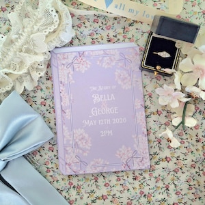 Digital Book Wedding Invitation Template. Customisable in Canva. Cherry Blossom Lilac Style Book literary Theme Wedding Invite Book Style.