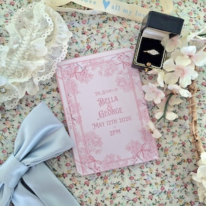 Digital Book Wedding Invitation Template. Customisable in Canva. Chrrry Blossom Style Book literary Theme Wedding Invite Book Style. Pink