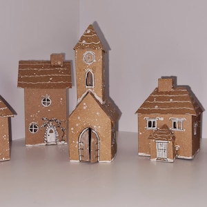 Druckbare Papierhaus Vorlage Digital, machen Sie Ihr eigenes kleines Dorf. 4 Häuser und 1 Kirche