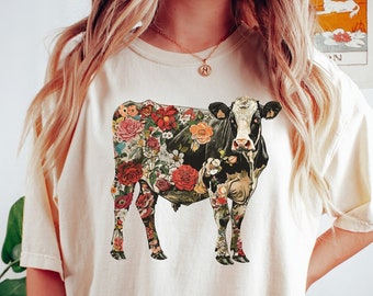 Floral Cow T-Shirt: Retro Boho Farm Girl Style
