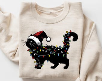 Funny Christmas Cat Sweatshirt, Holiday Lights Crewneck