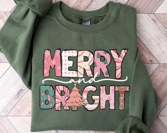 Merry and Bright Sweatshirt, Womens Christmas Shirt, Christmas Gift, Christmas Sweater for Women, Christmas Crewneck, Holiday Sweaters, Xmas