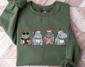 Hippopotamus Christmas Sweatshirt, Retro Hippo Christmas Shirt, Holiday Sweaters, Christmas Gift, Christmas Crewneck, Womens Christmas Shirt